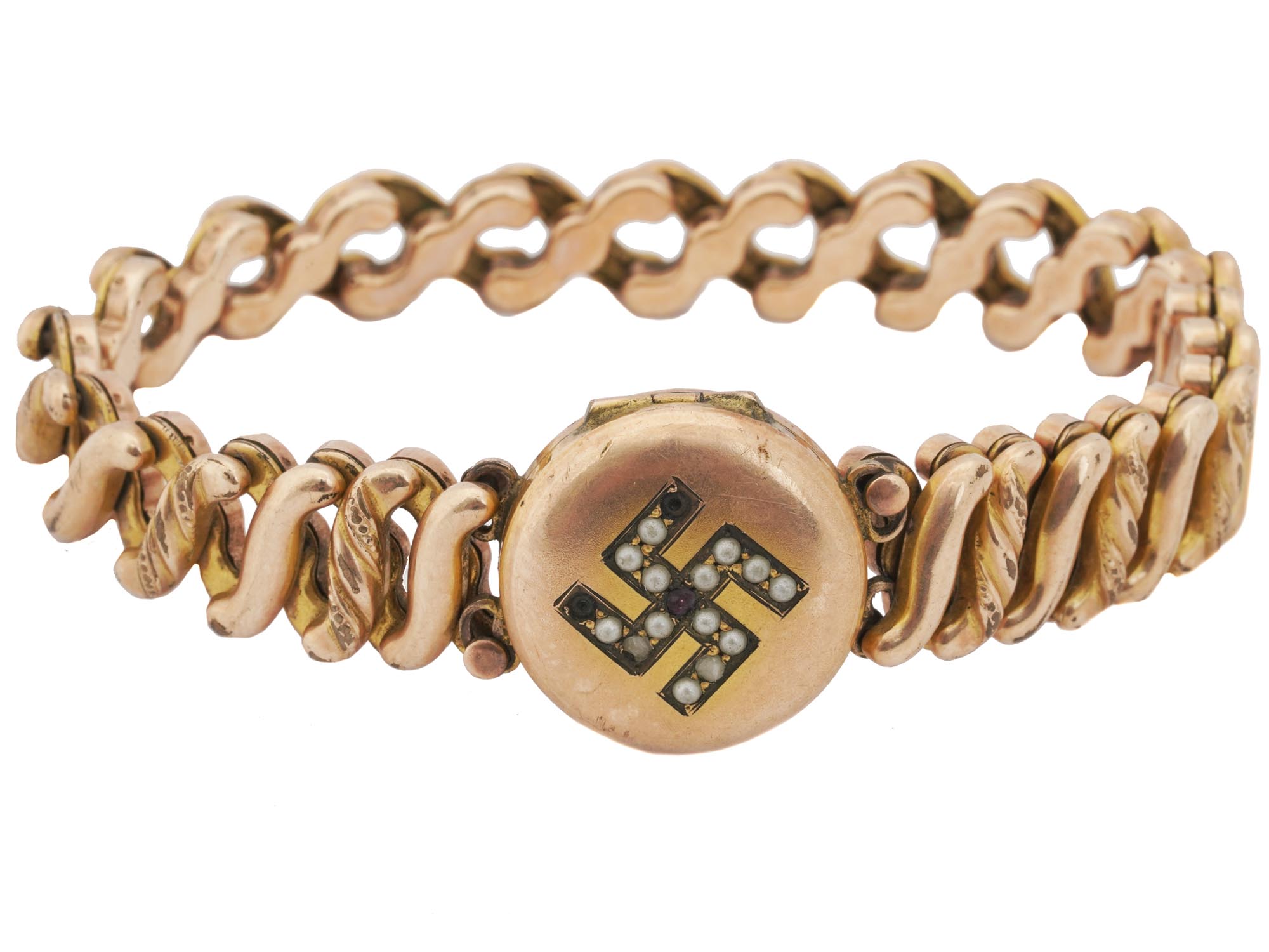 WWII GOLD LOCKET WITH PEARL SWASTIKA AND BRACELET PIC-0